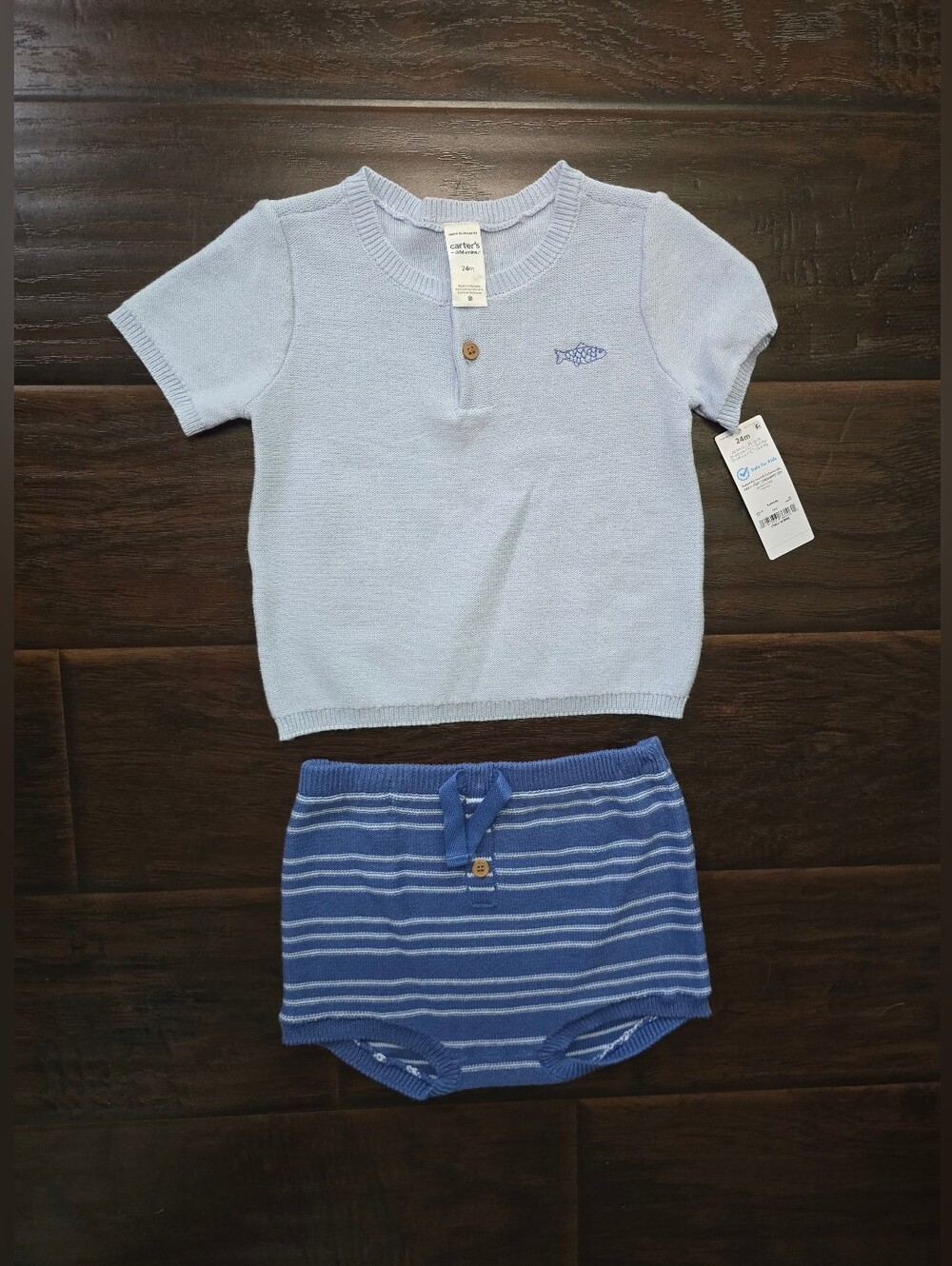 NWT Carter's Baby Boys Fish Knit Shirt Short Blue Set 24M